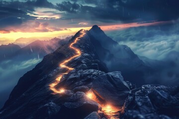 Route to success concept with glowing path going to mountain top, Generative AI