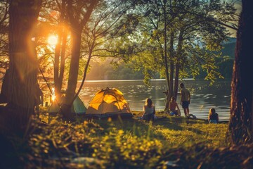 family travel trip on vacation, family camping in the nature, Generative AI