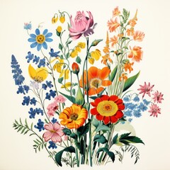 Botany Bouquet. Vintage flowers. Herbs and Wild Flowers. Colorful illustration in the style of engravings.