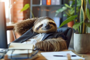 Sloth being lazy in the office, Lazy employee on his working place in office, Generative AI - obrazy, fototapety, plakaty