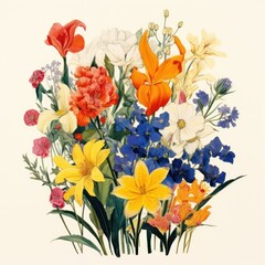 Botany Bouquet. Vintage flowers. Herbs and Wild Flowers. Colorful illustration in the style of engravings.