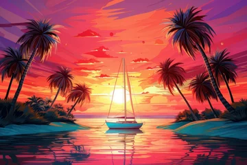 Keuken spatwand met foto Colorful sunset on the tropical island. Beautiful ocean beach with palms and yacht illustration. Summer traveling and holiday. Palm trees and sea. Nature landscape and seascape © masherdraws