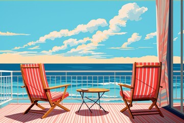 Fototapeta premium Sun loungers on the seashore. Landscape Beautiful seascape. Vacation and travel concept