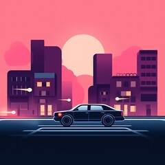 Car on modern city background, City building office skyline on sunset background. flat illustration.