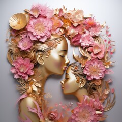 Happy mother cuddles her daughter surrounded by gorgeous paper cut flowers. Happy Mother's Day. Young mother and daughter like a plastic doll. Pink gold colors