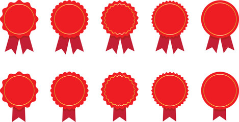 Red ribbon and banner, set of premuim quality and guarantee labels isolated on tranparent background