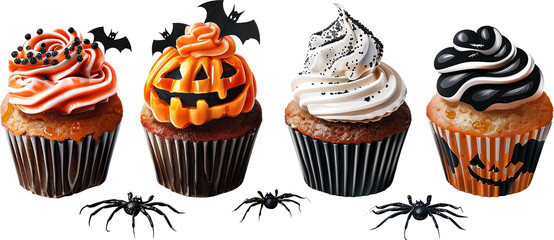 Set of Halloween cupcake pumpkin bat spider topping #13 cutout on transparent background. for template graphic design artwork. banner, card, t shirt, sticker. - obrazy, fototapety, plakaty