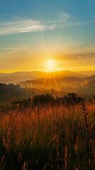 field sun setting mountains early morning sky earth covers lightly yellow aureole summer looking west virginia radiate connection golden dawn sunshine