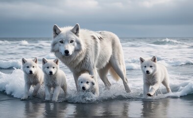 Naklejka na ściany i meble White large wolf with cubs goes in cold sea water