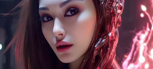 Science beauty indonesian women humanoid cyborg in futuristic neon, ai generative