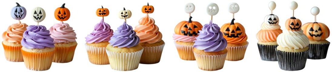 Set of three cupcakes Halloween toothpick circle on top pumpkin #15 cutout on transparent background. for template graphic design artwork. banner, card, t shirt, sticker.