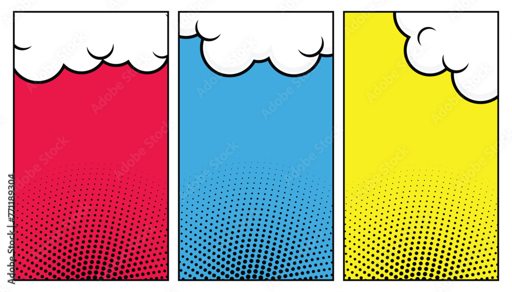 Poster colorful blank comic background set with halftone. empty dialog halftone background. comic backgroun