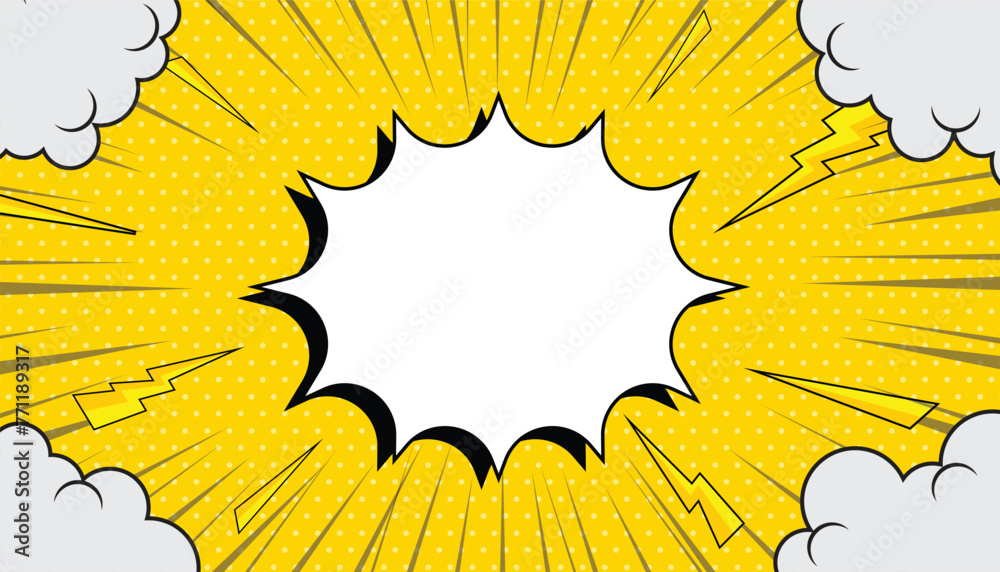 Poster comic page background with thunder lightning. empty dialog halftone background with thunder. comic b