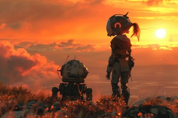Across the wastelands of a dying planet, a girl and her robotic companion in the style of 3d rendered in unreal engine. - obrazy, fototapety, plakaty