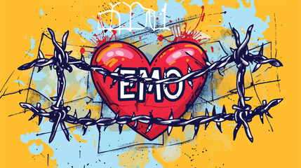 Word EMO in Heart shape with barbed wire. Siple fla - obrazy, fototapety, plakaty
