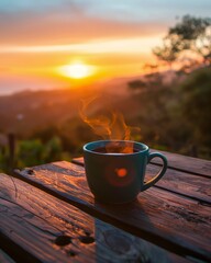 cup coffee wooden table sunset background clear sky top hill early morning sunrise sun drinking tea bubbly scenery content