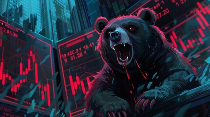 Ferocious bear with glowing eyes in front of stock market downturn charts, Concept of aggressive bear market and financial uncertainty