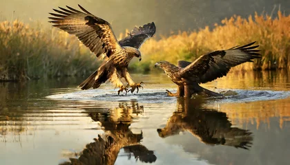 Poster two majestic raptors confront each other. White tailed eagles (Haliaeetus albicilla) fighting on surface of lake © Arda ALTAY