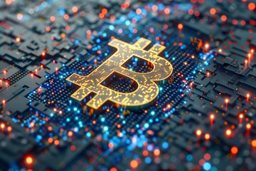 Fototapeta premium Golden Bitcoin on an intricate circuit board, highlighting the complex technology behind cryptocurrency