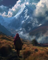 man walking hill mountain background young himalayan woman highly streaming lens flares traveler massive mountains - obrazy, fototapety, plakaty