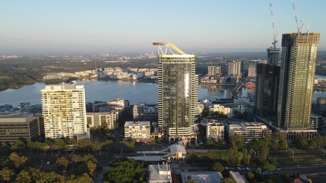 Aerial drone view of Rhodes, an Inner West suburb of Sydney, NSW Australia on a sunny morning in March 2024 