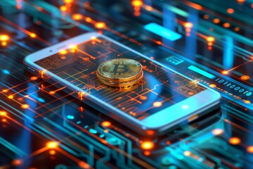 Bitcoin on a smartphone with digital circuit board, Concept of mobile cryptocurrency management and digital finance technology