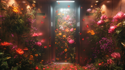 The elevator opened and saw many flowers growing in the elevator and butterflies fluttering all over the elevator.