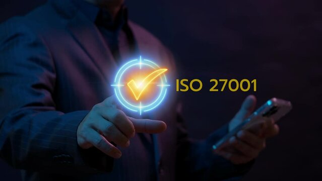 ISO 27001 concept. Requirements, certification, management, standards. Businessman showing identity proofing inside target icon with ISO 27001 for information security management system (ISMS).