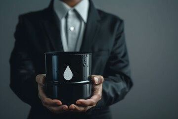 A businessman in a suit holding a barrel of oil with oil drop icon, symbolizing control over the oil industry, demand and supply in oil market