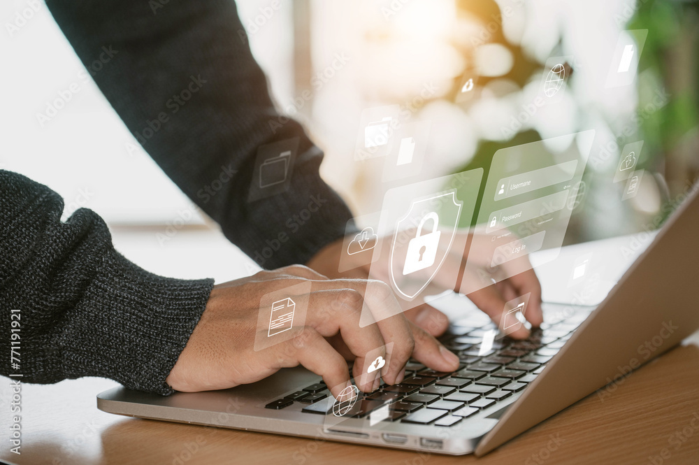 Aufkleber The concept of cyber security and online password login. hands typing and entering a social media username and password, log in online bank account or personal information, hacker for data protection