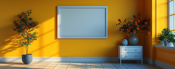 Vibrant yellow wall with modern dresser and blank picture frame. Generative AI copy space