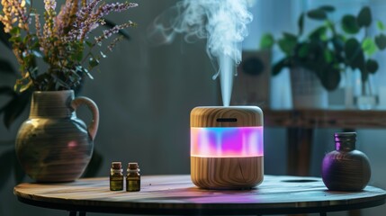 Fresh mist gently rises and falls from oil diffuser in spa at home environment - obrazy, fototapety, plakaty