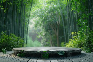 Zen 3d podium in a bamboo forest, for tranquil and peaceful products
