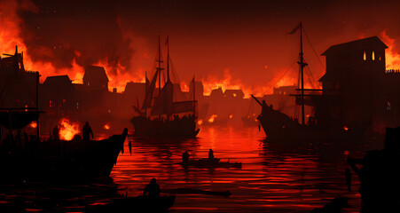 a very dark and lit scene with fire coming out of the water - Powered by Adobe
