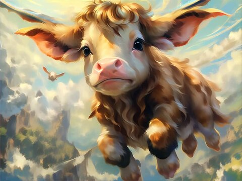 Young calf with wings guiding travelers through the skies ensuring their adventures are filled with wonder