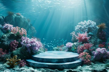 Underwater 3d podium surrounded by coral reefs, ideal for marine products - obrazy, fototapety, plakaty