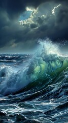 large wave ocean sky dynamic closeup depiction horrible oil flowing dent - obrazy, fototapety, plakaty