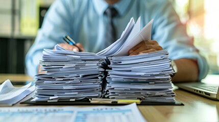 Accountant Clerk Searching Stacked Tax Files Or Accounts - obrazy, fototapety, plakaty