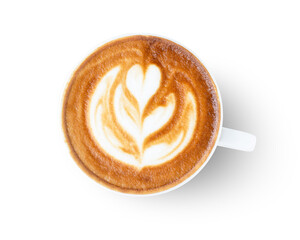 Cappuccino coffee in white mug isolated on white background with clipping path, top view, flat lay.