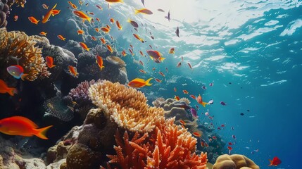 Beautiful tropical coral reef with shoal or red coral fish, anthias. Red Sea - obrazy, fototapety, plakaty