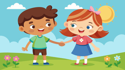 Obraz na płótnie Canvas cute happy kid hand shake with friend cute happy