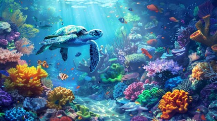 Fototapeta premium colorful coral reef with many fishes and sea turtle