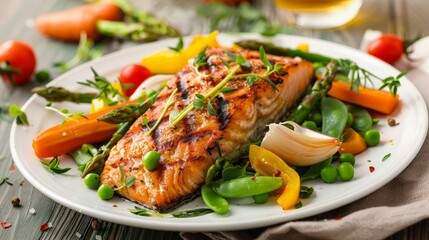 grilled salmon with asparagus, pea, yellow peppers, carrots and spring onions on white plate