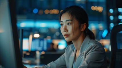 Obraz premium In Big Diverse Corporate Office: Portrait of Beautiful Asian Manager Using Desktop Computer,