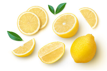 Fresh organic yellow lemon fruit with slice and green leaves isolated on white background . Top view. Flat lay.	