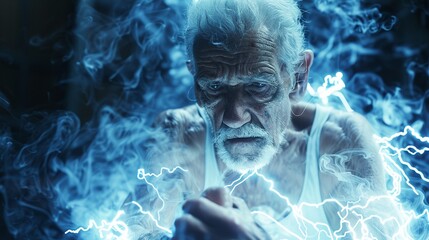 Elderly person in fitness gear, strong, surrounded by digital electric currents ultra HD,clean sharp focus