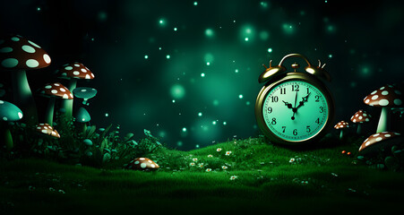 the clock is in the green forest near mushrooms