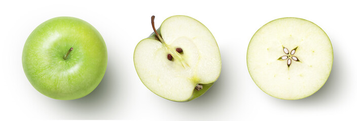 Green apple with cut in half sliced isolated on white background. top view, flat lay.