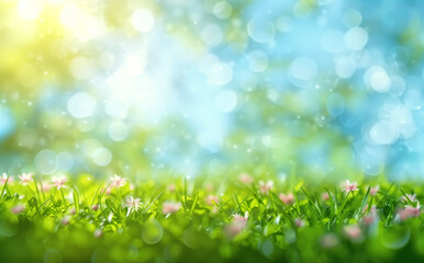 Blurred spring background with blurred green grass and blue sky, spring landscape, blurred bokeh background of blurred spring meadow with green nature, sunny day.