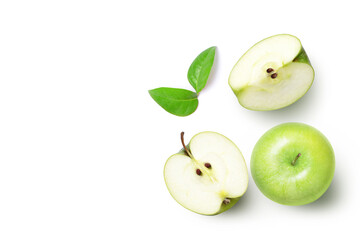 Green granny smith apple and half slice with leaves isolated on white background. top view, flat...